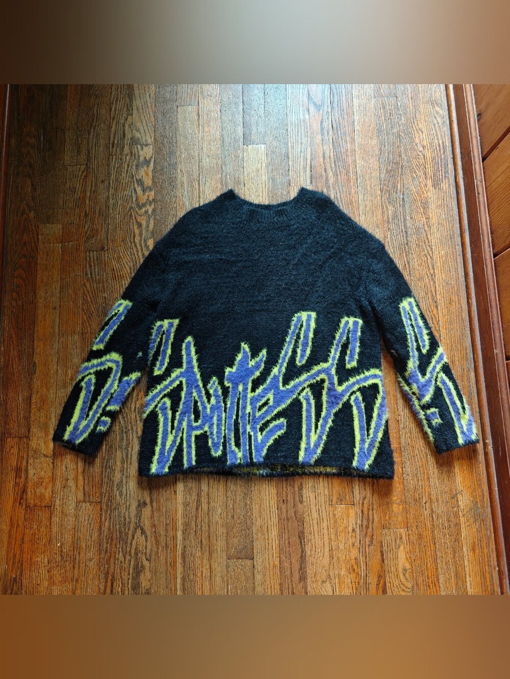 Adika Black Crewneck Sweater with Purple and Lime Graphic